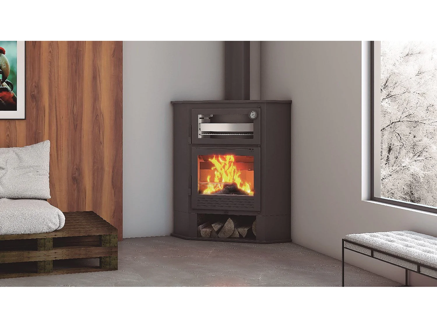 Poêle à bois de coin en acier, four de face, bûcher inférieur - GreenFlamme