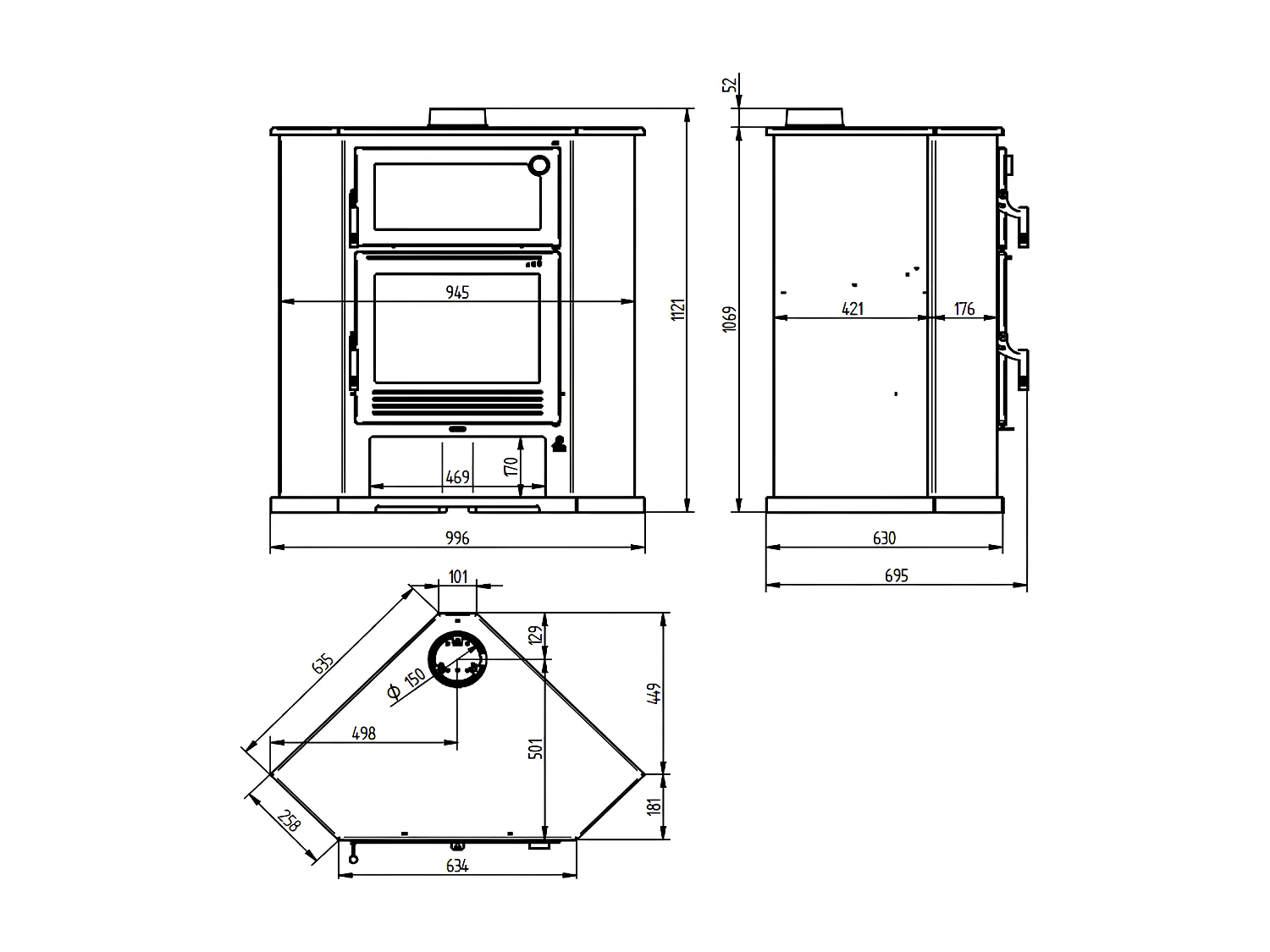 Poêle à bois de coin en acier, four de face, bûcher inférieur - GreenFlamme