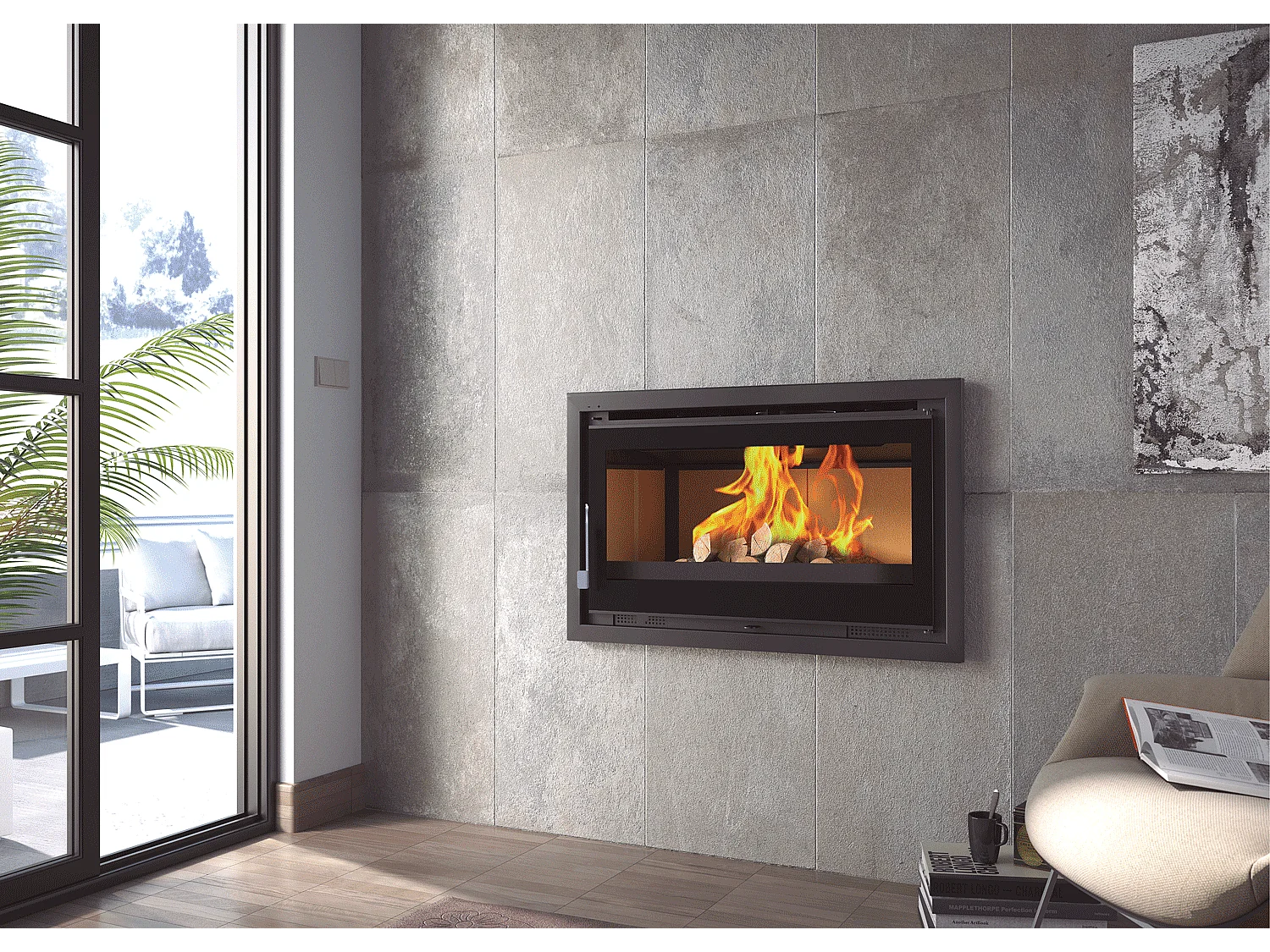 Insert à bois en acier - Phoenix - Intérieur en fonte + Verre sérigraphié