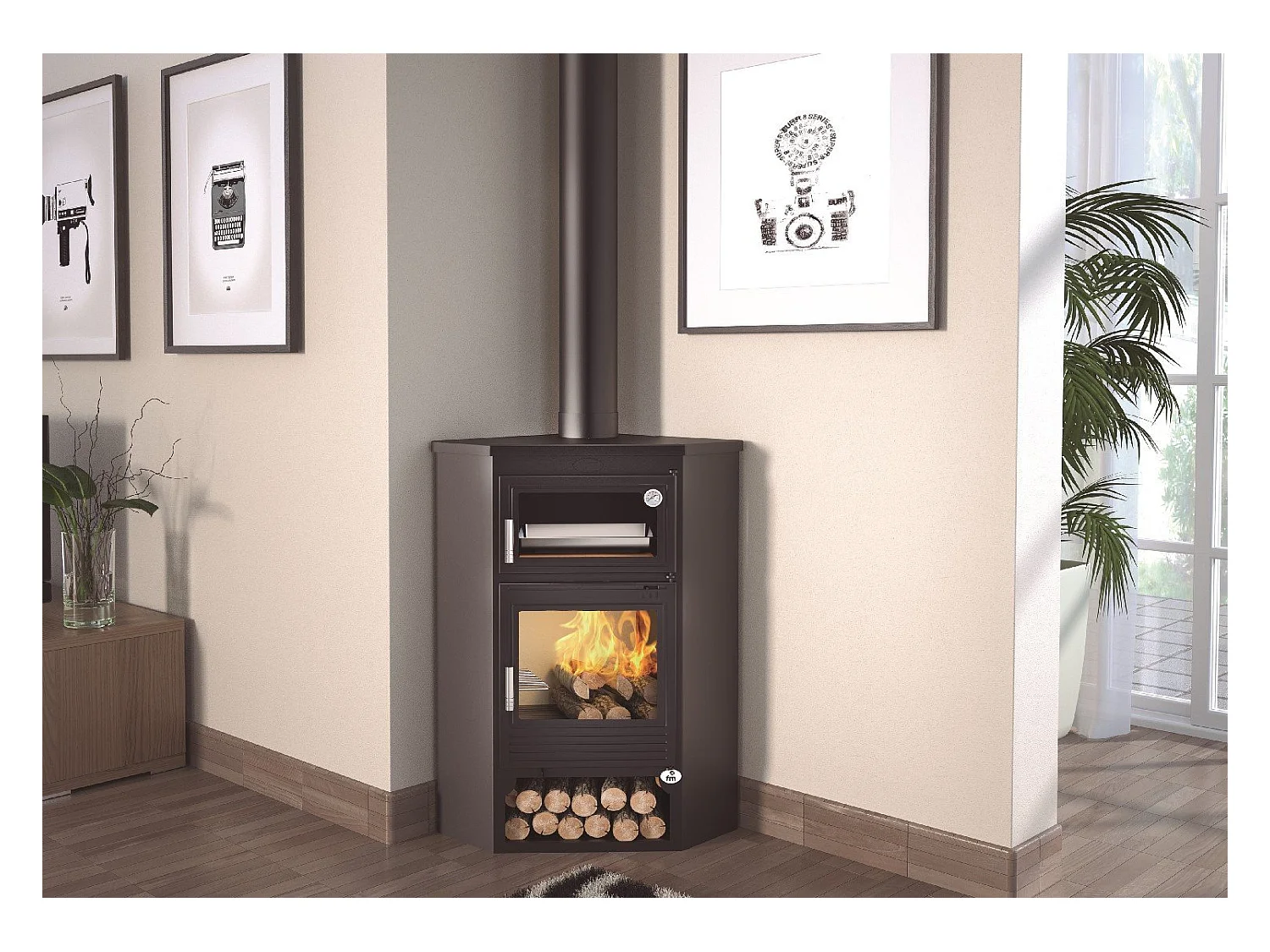 Poêle à bois de coin en acier, four supérieur de face, bûcher inférieur - DualFlame