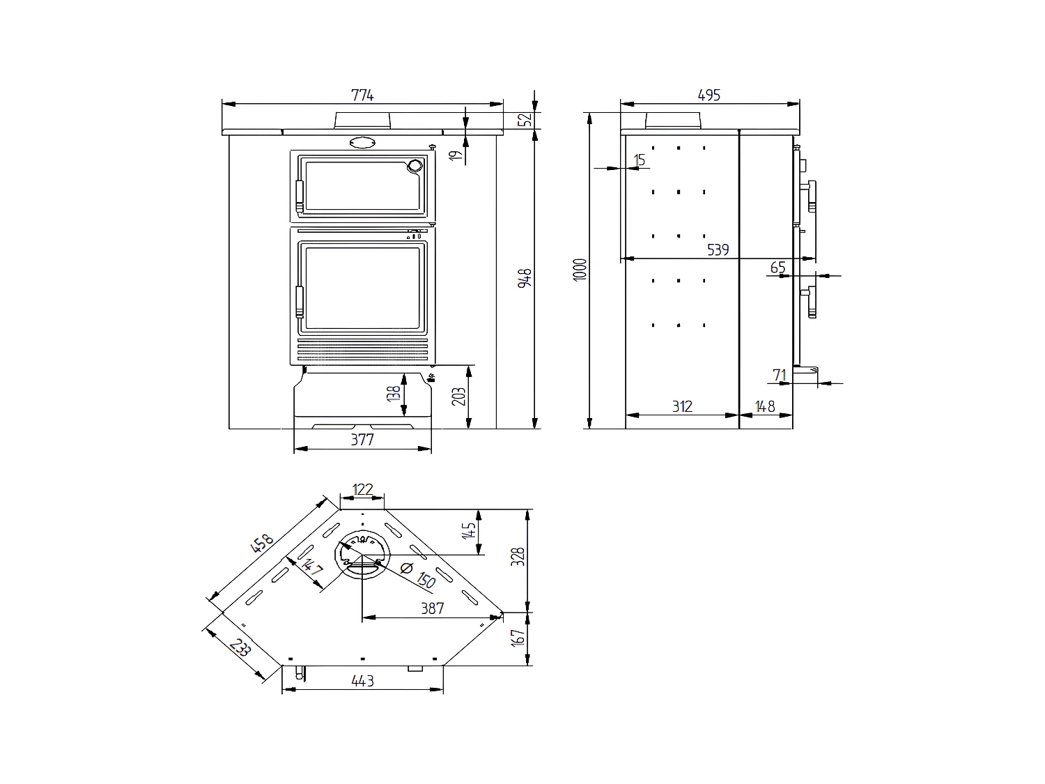 Poêle à bois de coin en acier, four supérieur de face, bûcher inférieur - DualFlame