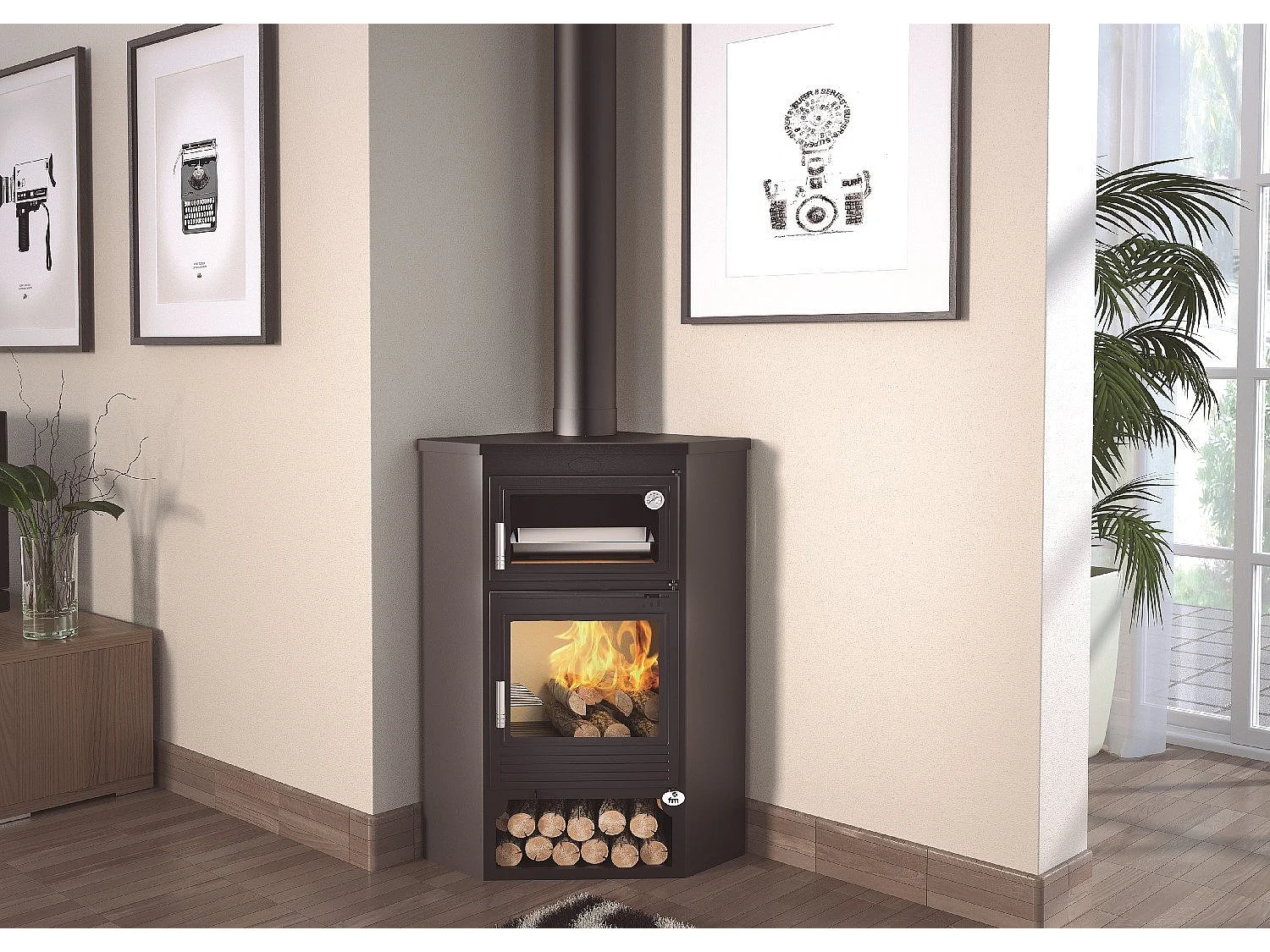 Poêle à bois de coin en acier, four supérieur de face, bûcher inférieur - DualFlame