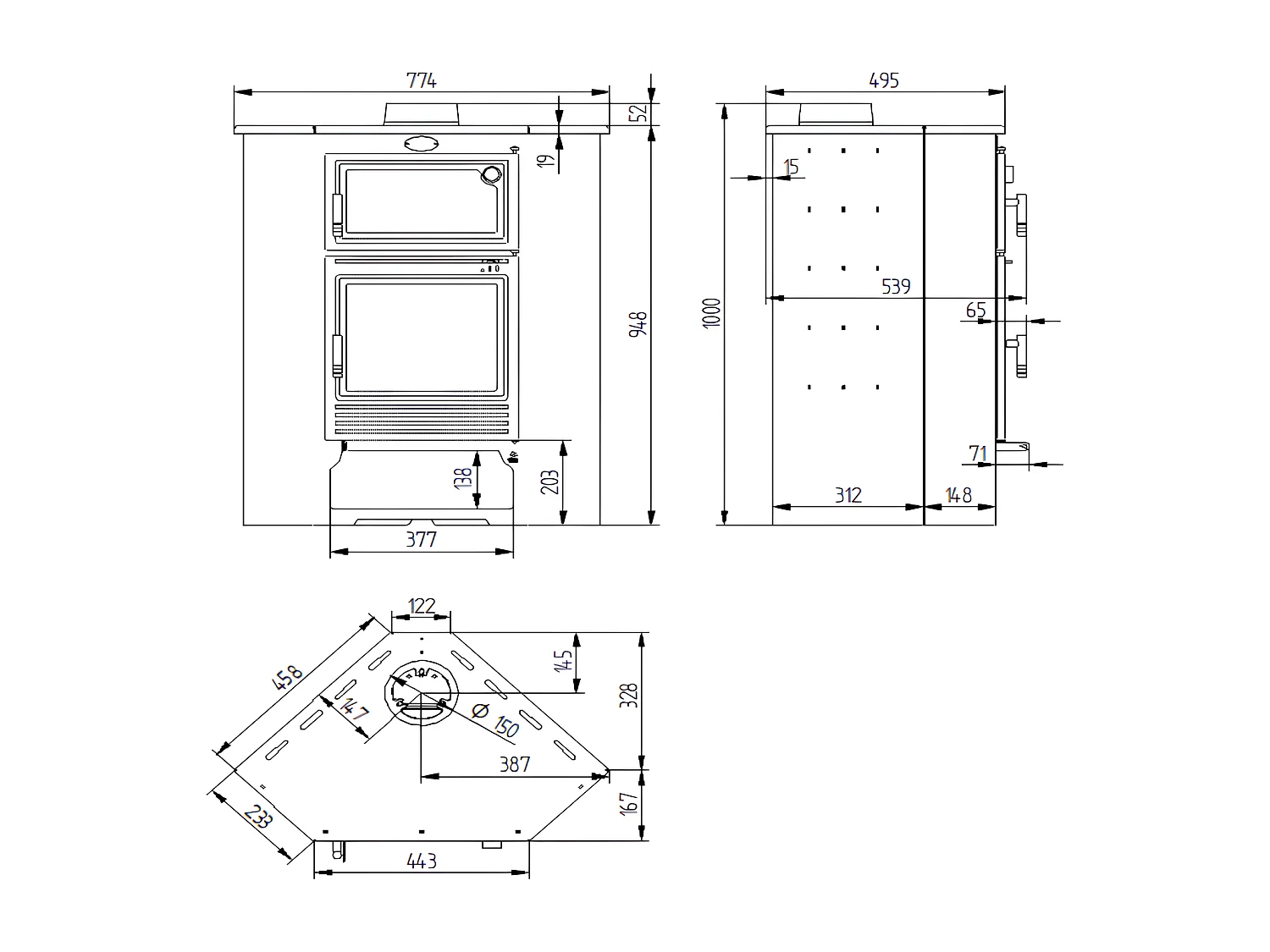 Poêle à bois de coin en acier, four supérieur de face, bûcher inférieur - DualFlame