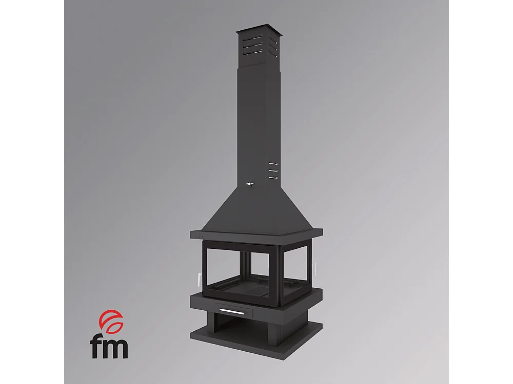 Cheminée centrale en acier, 2 portes, bûcher inférieur - ProvençaHeat - sérigraphié uniquement sur les portes
