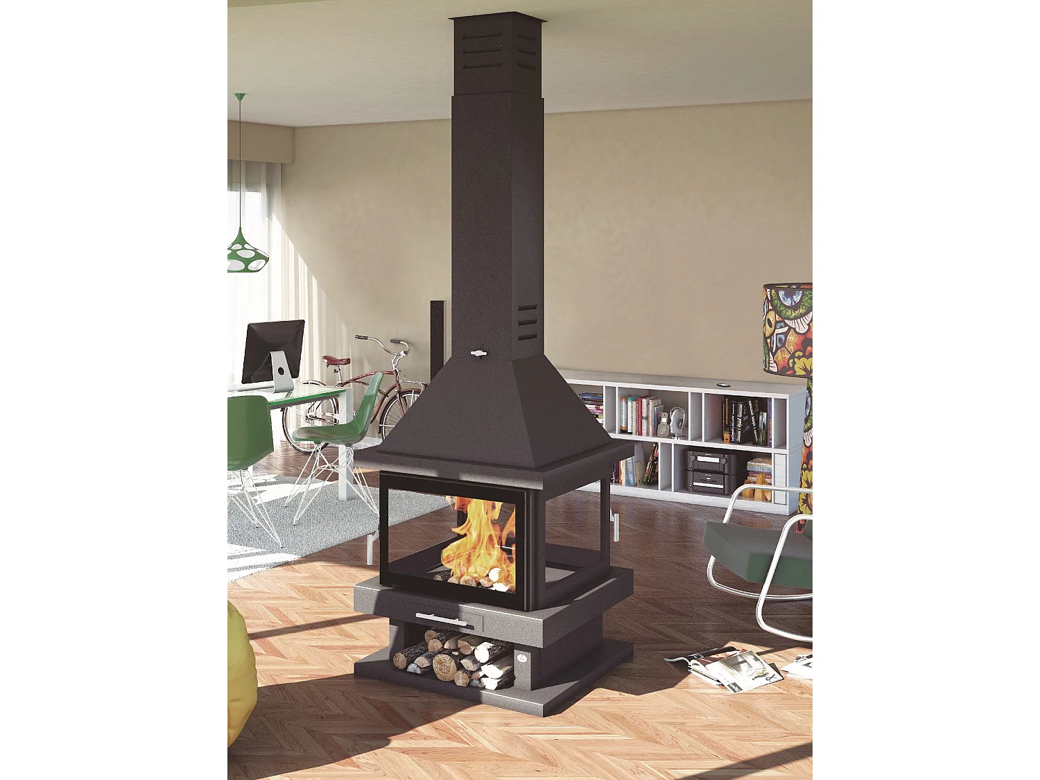 Cheminée centrale en acier, 2 portes, bûcher inférieur - ProvençaHeat - sérigraphié uniquement sur les portes