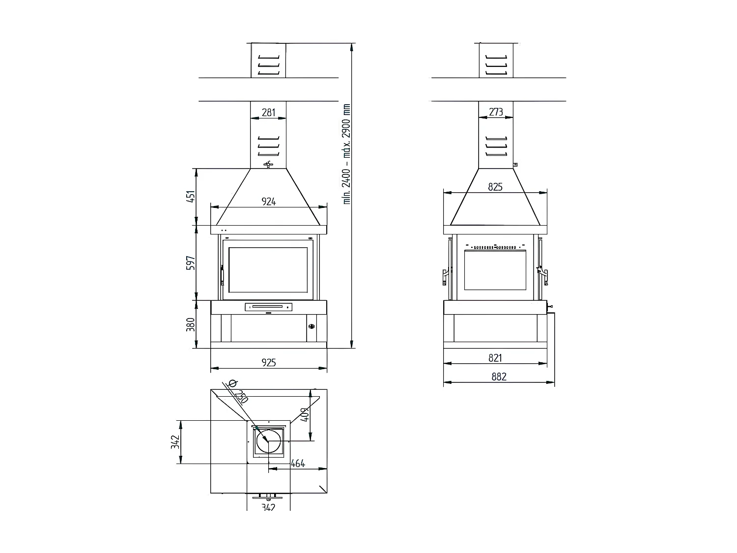 Cheminée centrale en acier, 2 portes, bûcher inférieur - ProvençaHeat - sérigraphié uniquement sur les portes