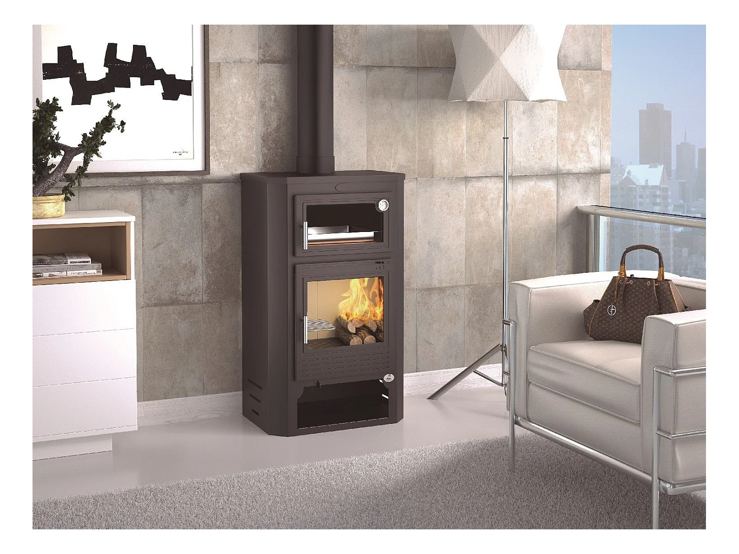 Poêle à bois en acier, Four supérieur de face, bûcher inférieur - AmbreLuxe