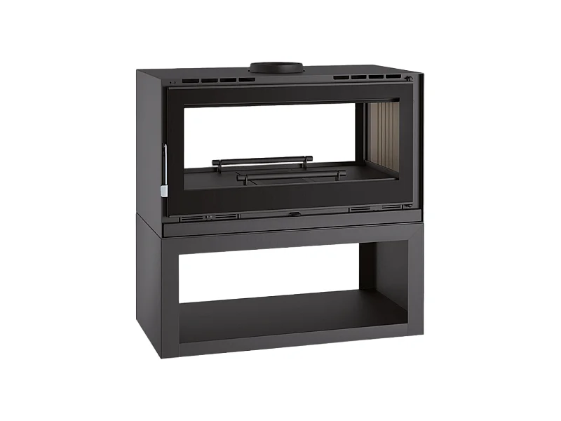 Poêle-cheminée double face en acier sur bûcher avec turbines, foyer en vermiculite, verre serigraphié - Crépuscule