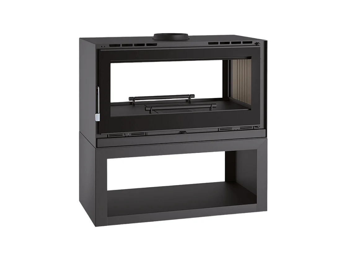 Poêle-cheminée double face en acier sur bûcher avec turbines, foyer en vermiculite, verre serigraphié - Crépuscule