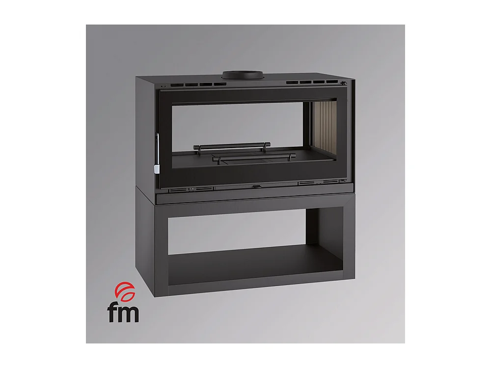 Poêle-cheminée double face en acier sur bûcher avec turbines, foyer en vermiculite, verre serigraphié - Crépuscule