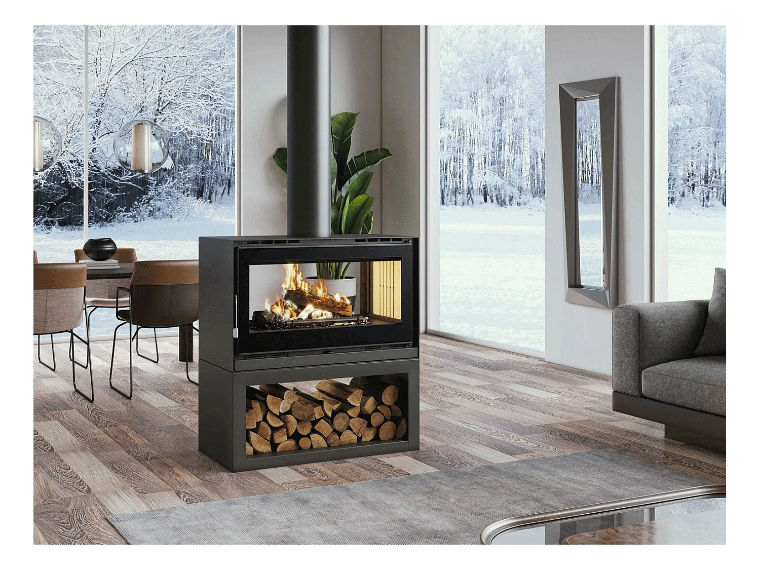 Poêle-cheminée double face en acier sur bûcher avec turbines, foyer en vermiculite, verre serigraphié - Crépuscule