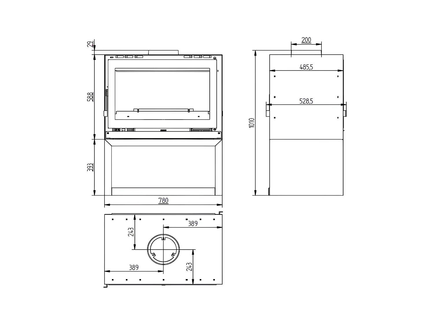 Poêle-cheminée double face en acier sur bûcher avec turbines, foyer en vermiculite, verre serigraphié - Crépuscule