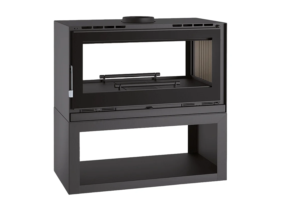 Poêle-cheminée double face en acier sur bûcher avec turbines, foyer en vermiculite, verre serigraphié - Crépuscule