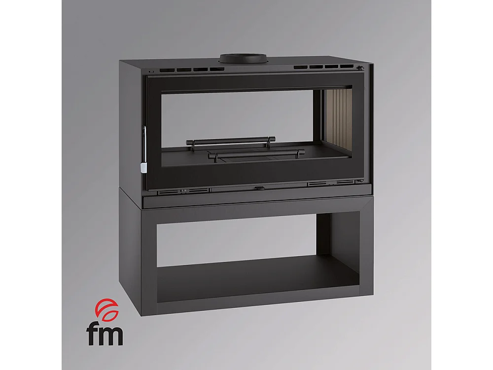 Poêle-cheminée double face en acier sur bûcher avec turbines, foyer en vermiculite, verre serigraphié - Crépuscule