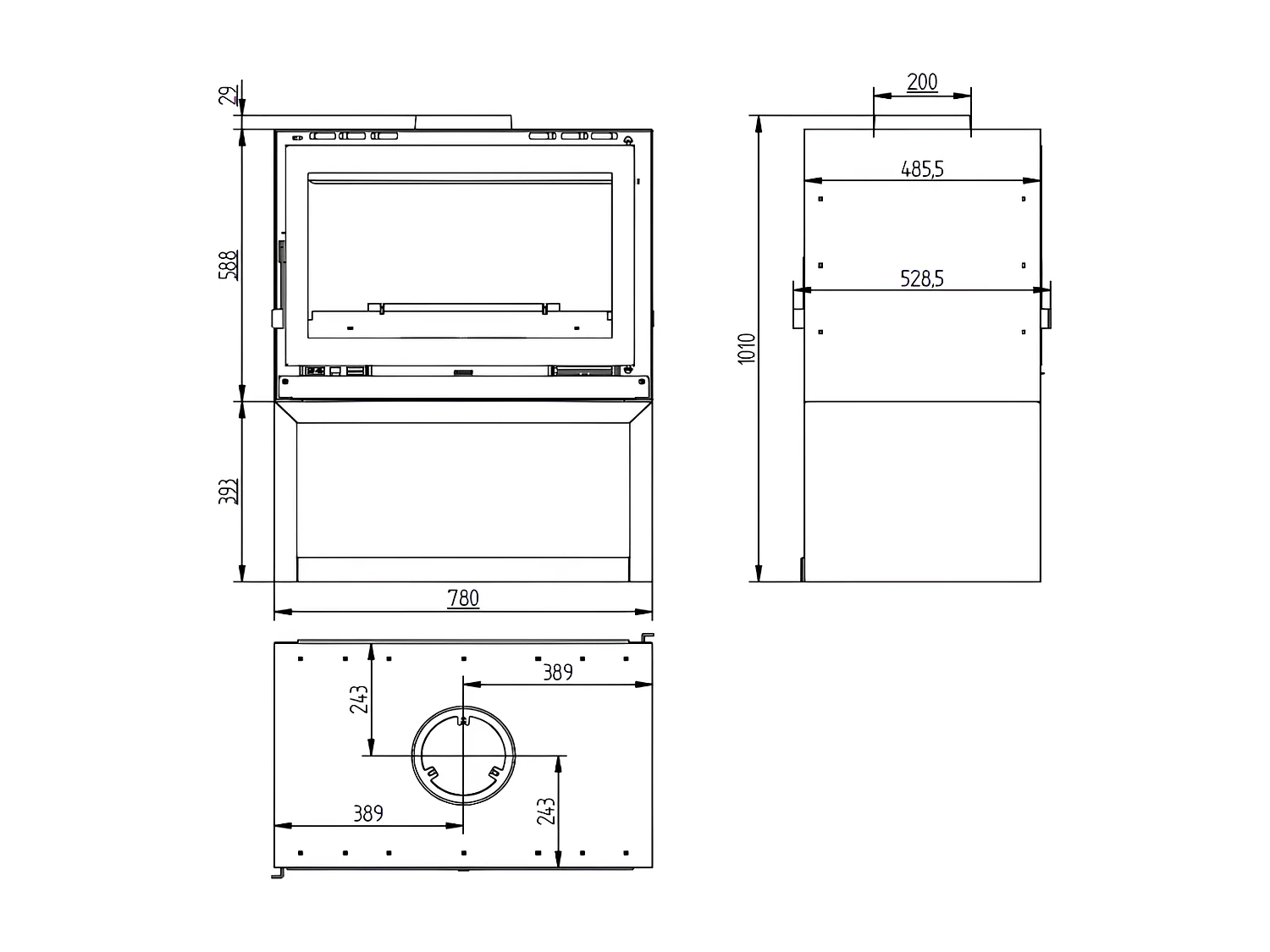 Poêle-cheminée double face en acier sur bûcher avec turbines, foyer en vermiculite, verre serigraphié - Crépuscule