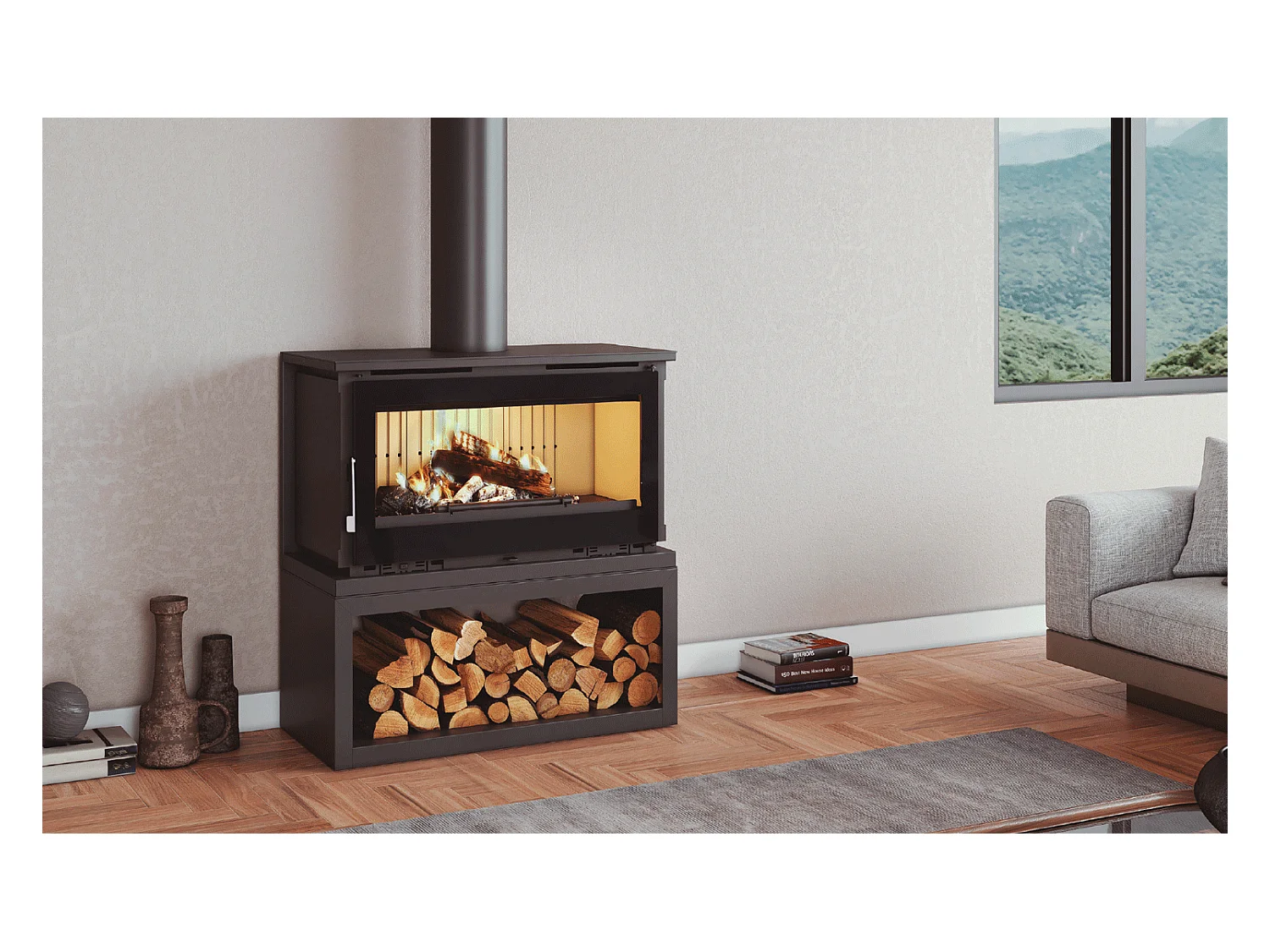 Poêle à bois frontal avec abri à bois sans turbines - Boréale