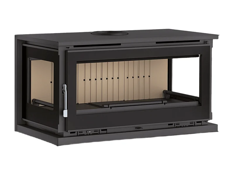 Poêle-cheminée à suspendre, 3 cotés vitrés, avec turbines, verre serigraphié - Cosynéo - Intérieur en vermiculite