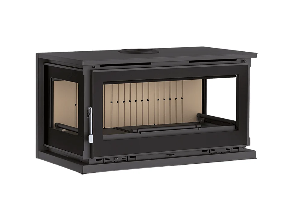 Poêle-cheminée à suspendre, 3 cotés vitrés, avec turbines, verre serigraphié - Cosynéo - Intérieur en vermiculite