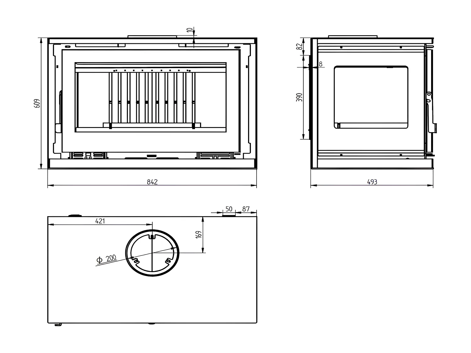 Poêle-cheminée à suspendre, 3 cotés vitrés, avec turbines, verre serigraphié - Cosynéo - Intérieur en vermiculite