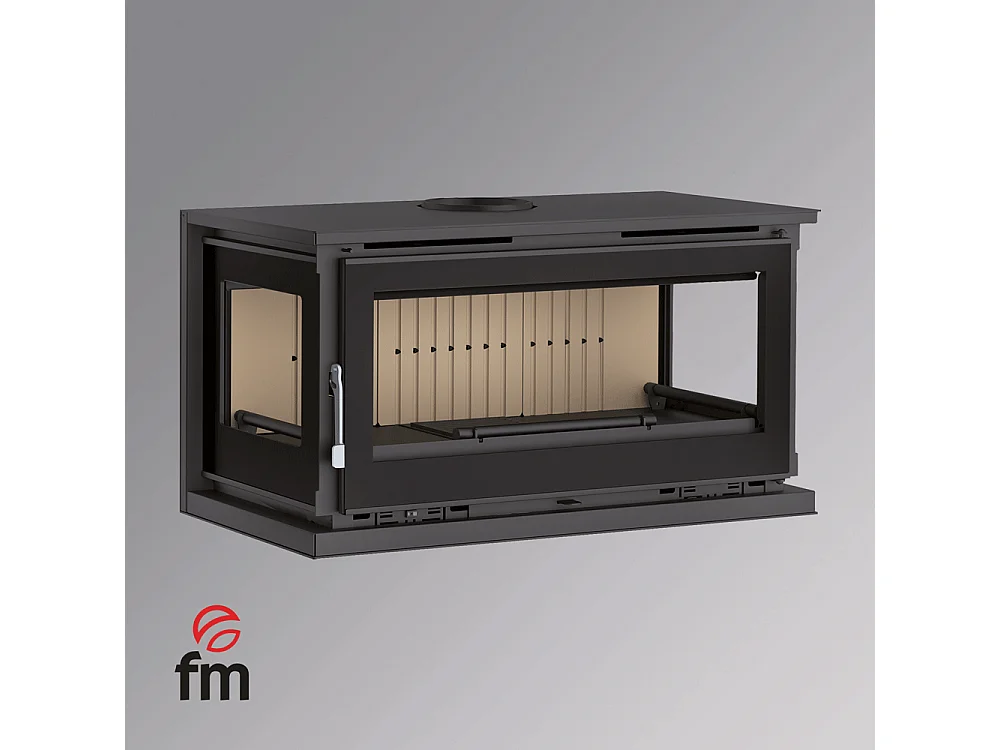 Poêle-cheminée à suspendre, 3 cotés vitrés, avec turbines, verre serigraphié - Onirique - Intérieur en vermiculite