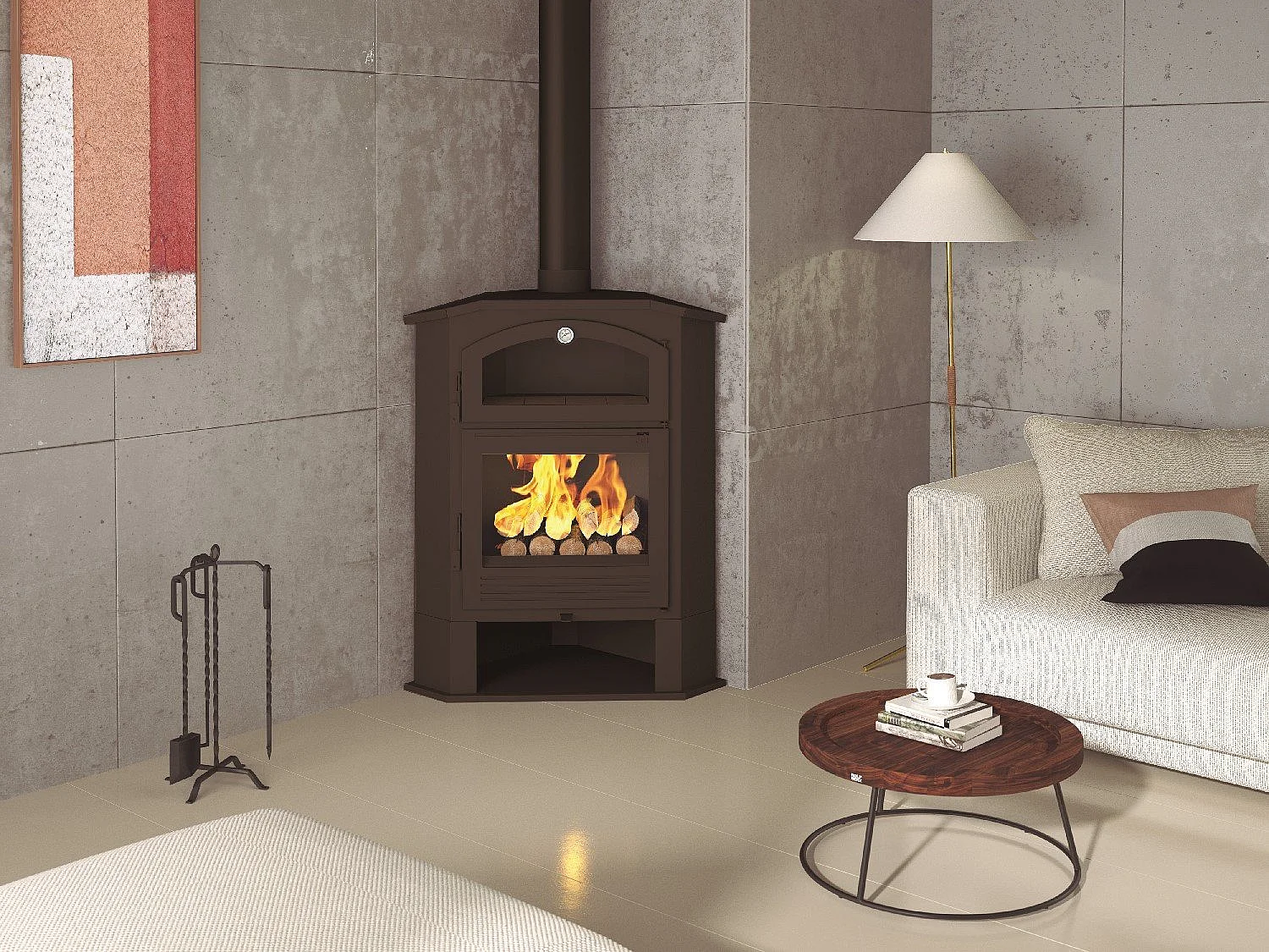 Poêle à bois de coin en acier, four de face, bûcher inférieur - ContrastHeat