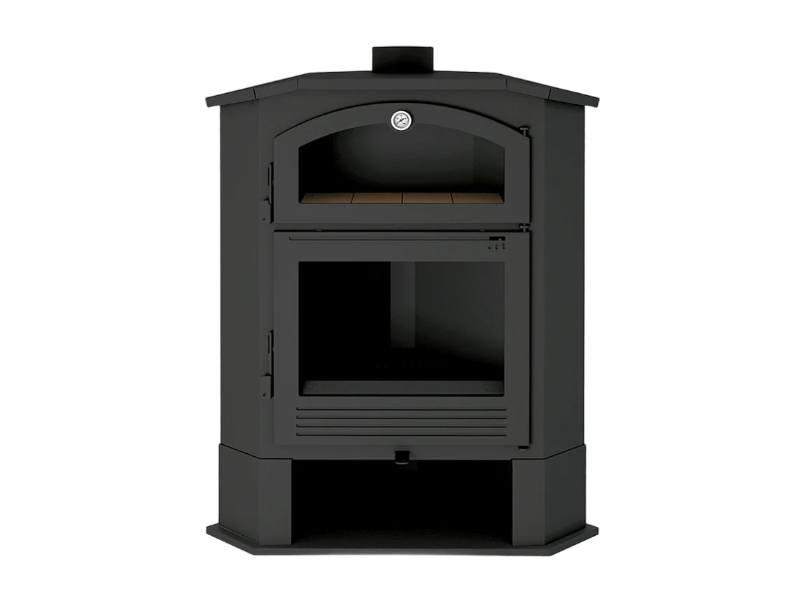Poêle à bois de coin en acier, four de face, bûcher inférieur - ContrastHeat