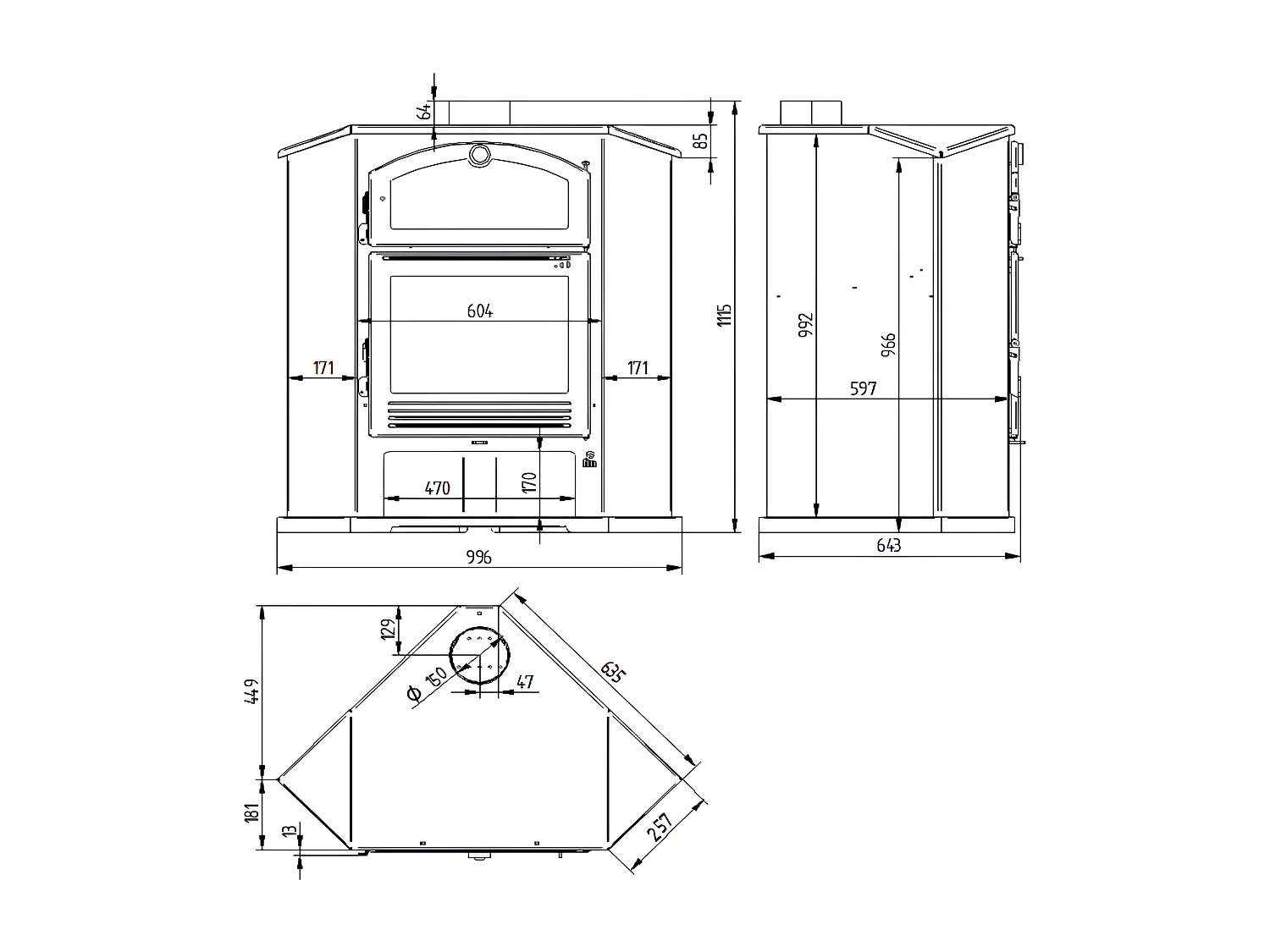 Poêle à bois de coin en acier, four de face, bûcher inférieur - ContrastHeat