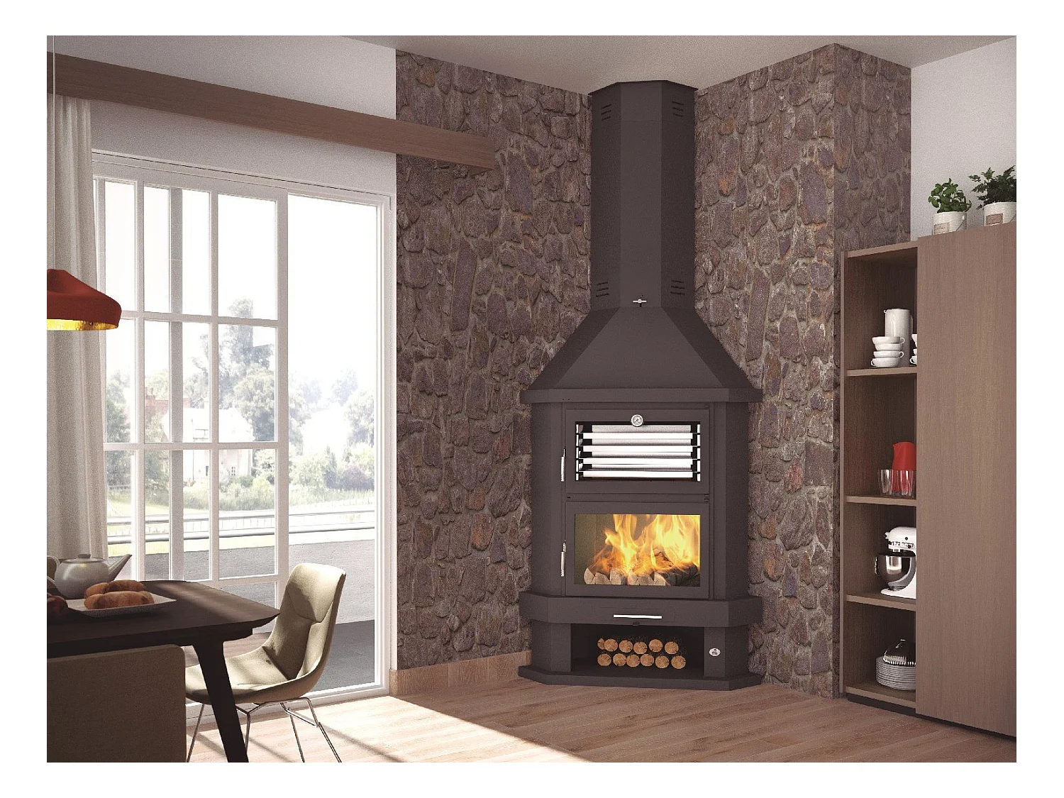 Cheminée à bois de coin en acier avec four supérieur, bûcher inférieur - BoisFer