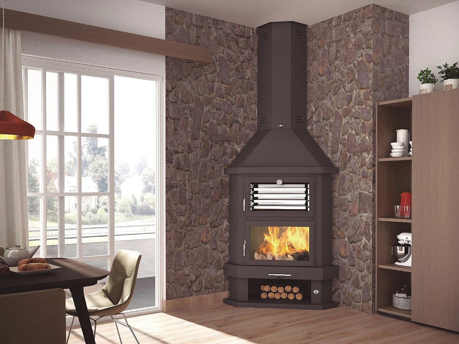 Cheminée à bois de coin en acier avec four supérieur, bûcher inférieur - BoisFer