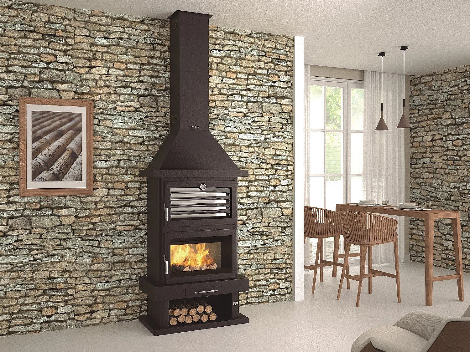 cheminée à bois en acier avec four supérieur, bûcher inférieur - CœurBraise