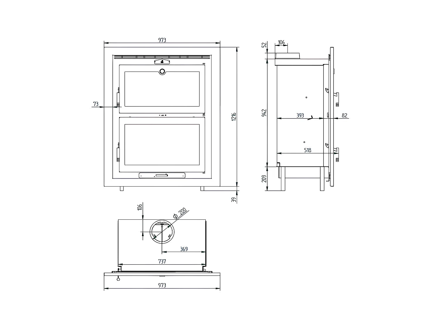 Foyer-poêle à bois en acier, encastrable - Thermix - Intérieur en vermiculite
