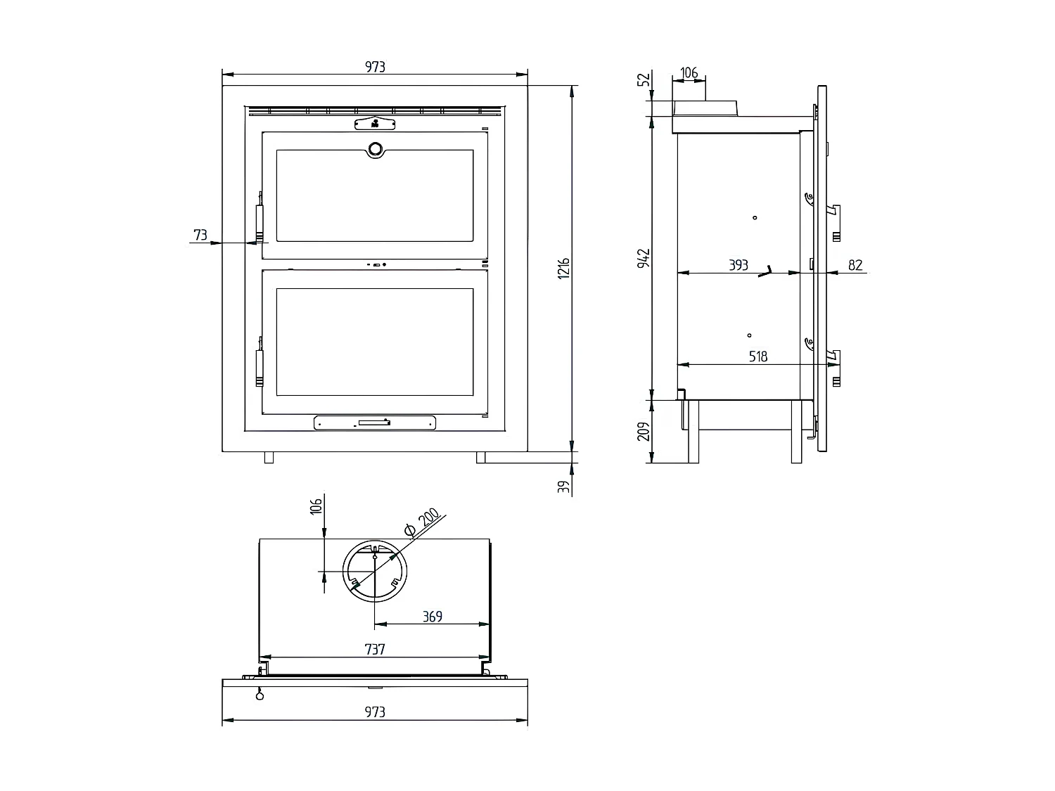 Foyer-poêle à bois en acier, encastrable - Thermix - Intérieur en vermiculite