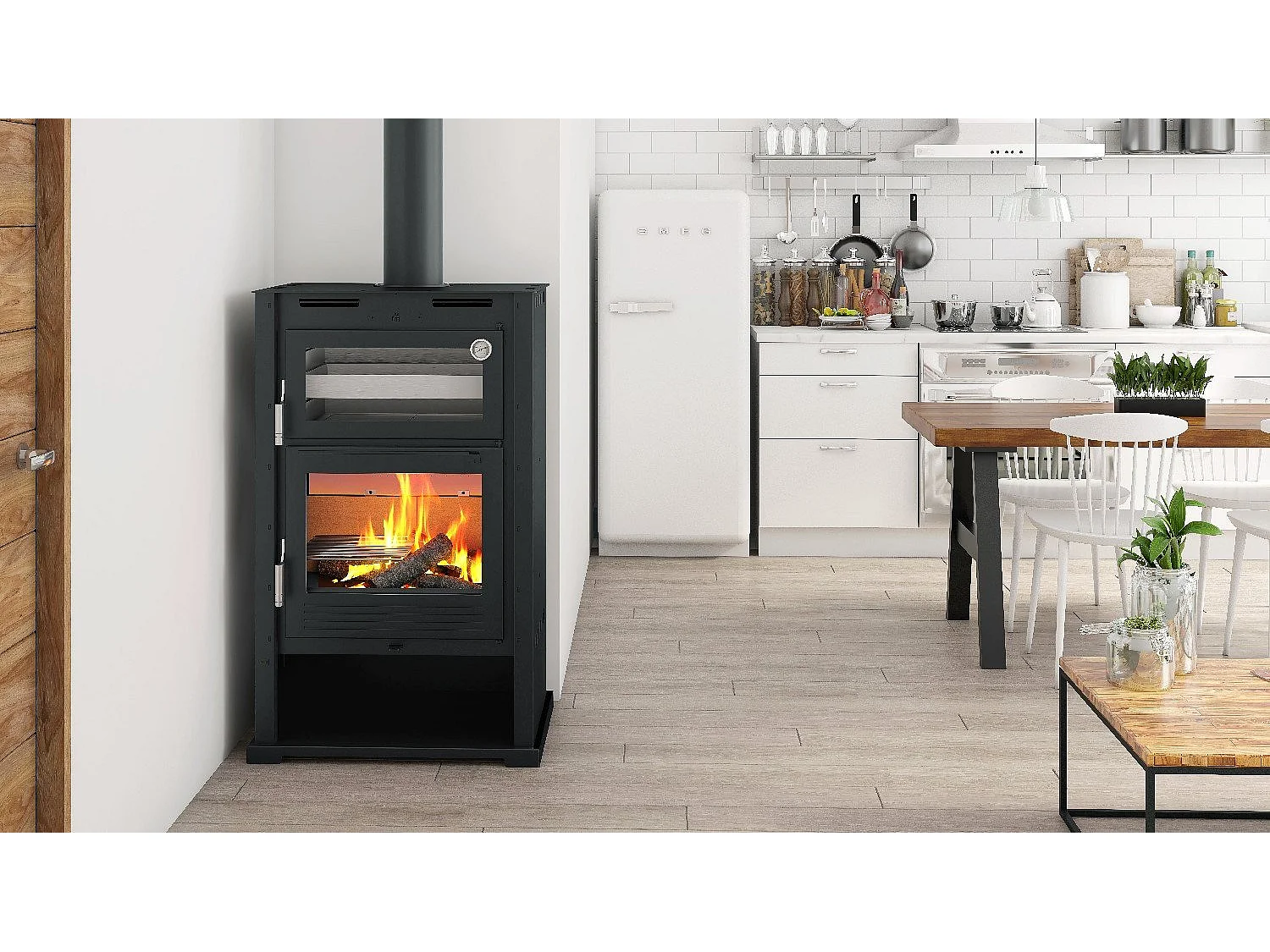 Poêle à bois en acier, double combustion, Four supérieur de face en inox, bûcher inférieur - Warmilo - avec turbine