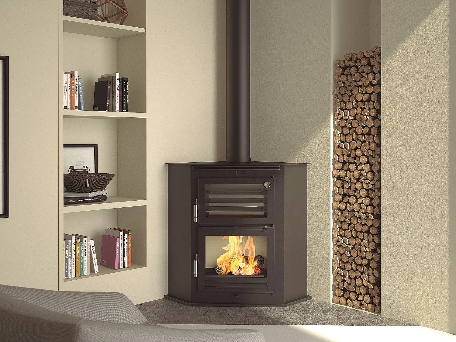 Four-poêle à bois de coin en acier- FeuZen - Intérieur en vermiculite