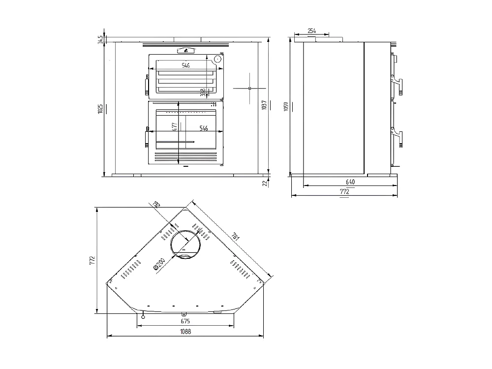 Four-poêle à bois de coin en acier- FeuZen - Intérieur en vermiculite