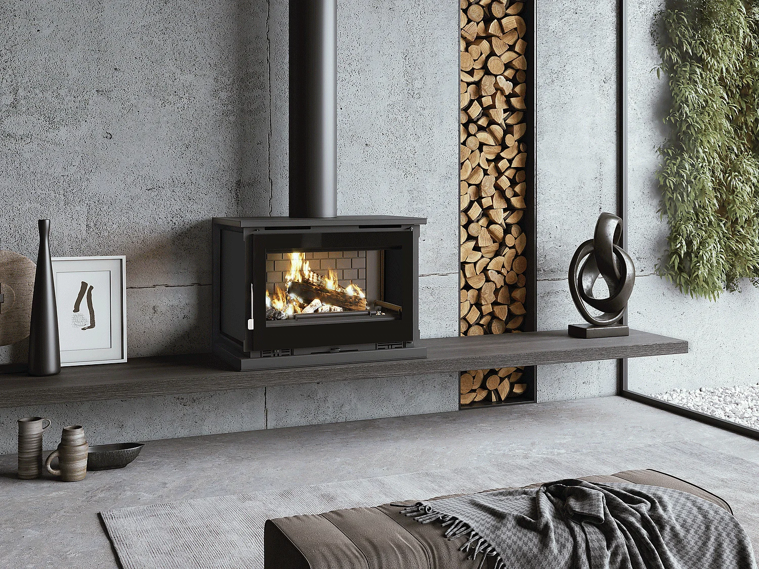 Poêle-cheminée à suspendre, avec turbines, verre serigraphié - BioBraze - Intérieur en fonte