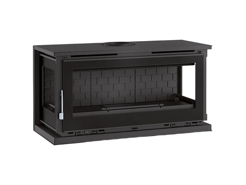 Poêle-cheminée à suspendre, 3 cotés vitrés, avec turbines, verre serigraphié - Cosynéo - Intérieur en fonte