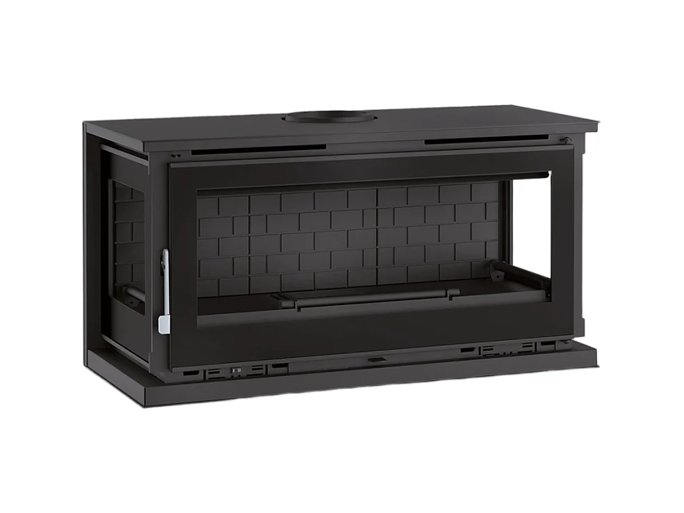 Poêle-cheminée à suspendre, 3 cotés vitrés, avec turbines, verre serigraphié - Cosynéo - Intérieur en fonte