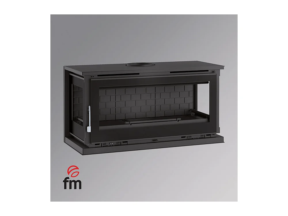 Poêle-cheminée à suspendre, 3 cotés vitrés, avec turbines, verre serigraphié - Cosynéo - Intérieur en fonte