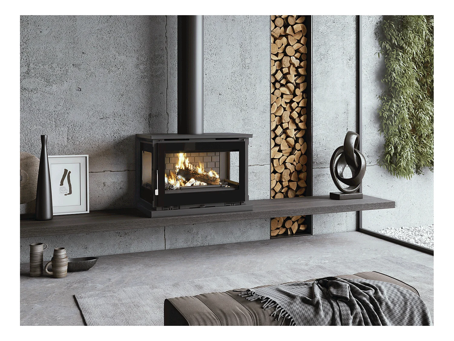 Poêle-cheminée à suspendre, 3 cotés vitrés, avec turbines, verre serigraphié - Cosynéo - Intérieur en fonte