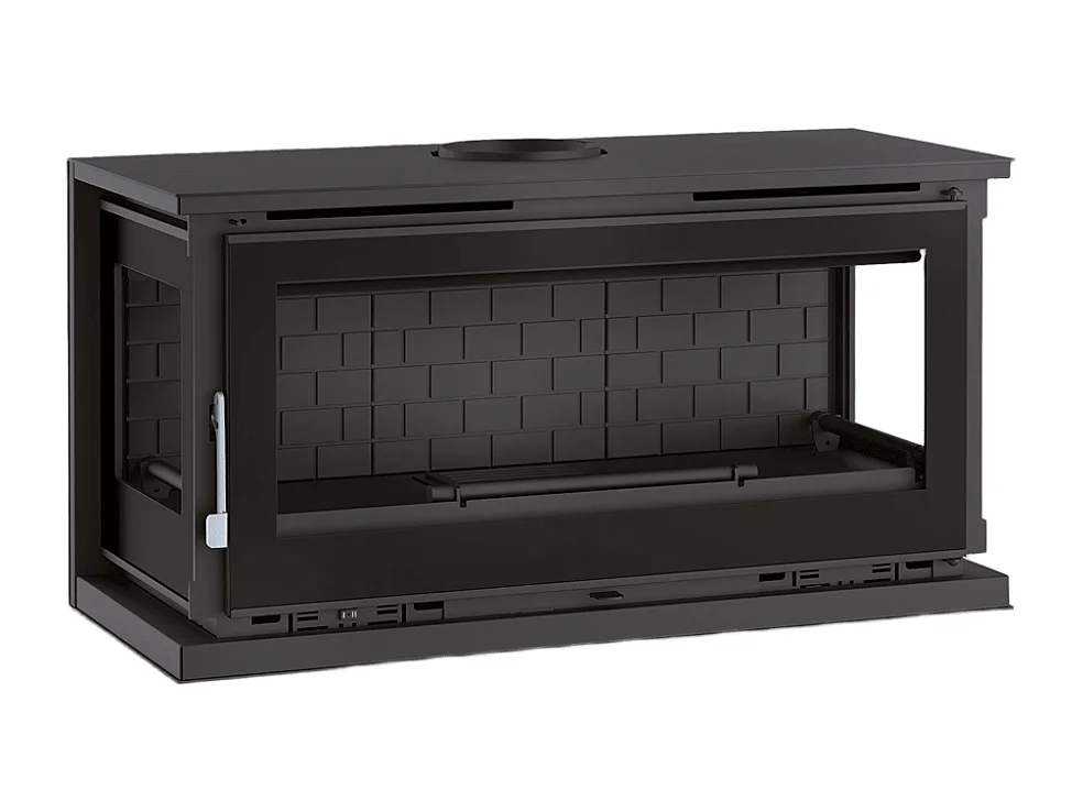 Poêle-cheminée à suspendre, 3 cotés vitrés, avec turbines, verre serigraphié - Cosynéo - Intérieur en fonte