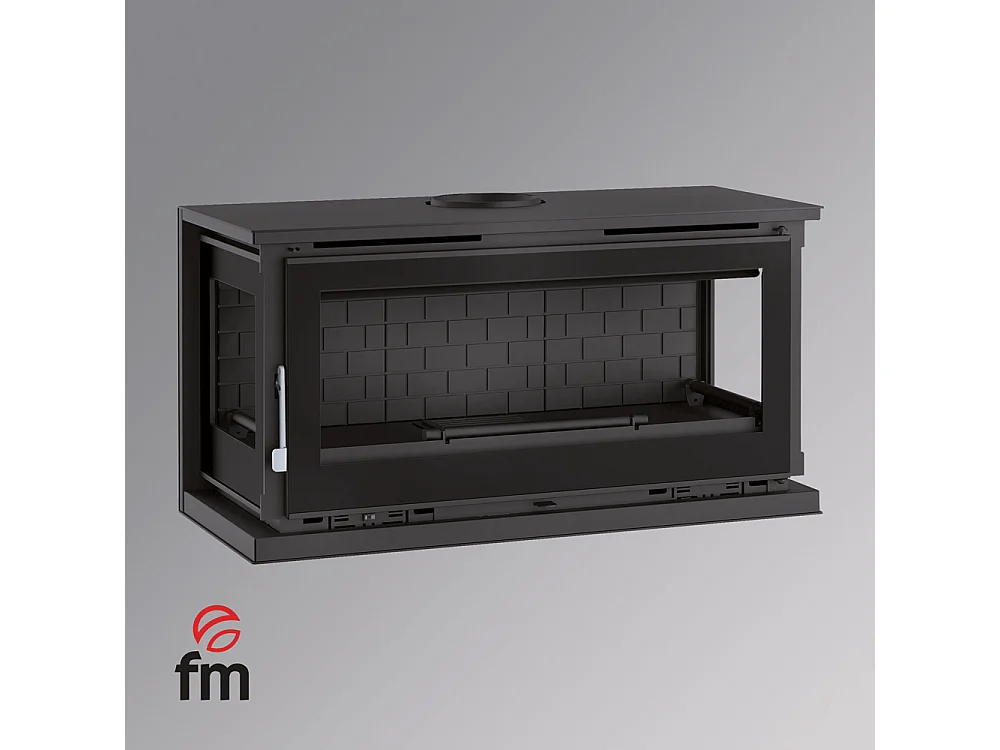 Poêle-cheminée à suspendre, 3 cotés vitrés, avec turbines, verre serigraphié - Cosynéo - Intérieur en fonte