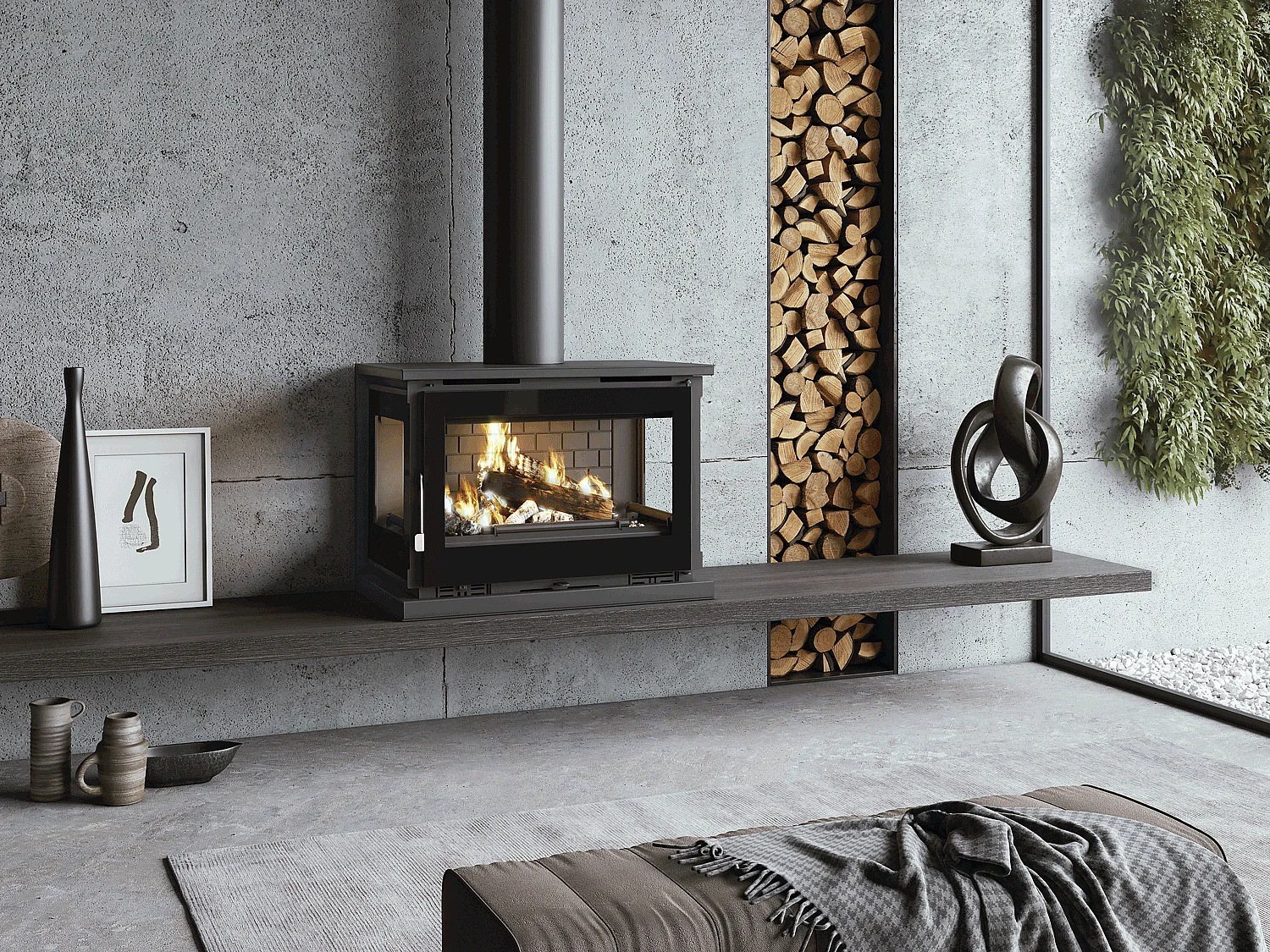 Poêle-cheminée à suspendre, 3 cotés vitrés, avec turbines, verre serigraphié - Cosynéo - Intérieur en fonte