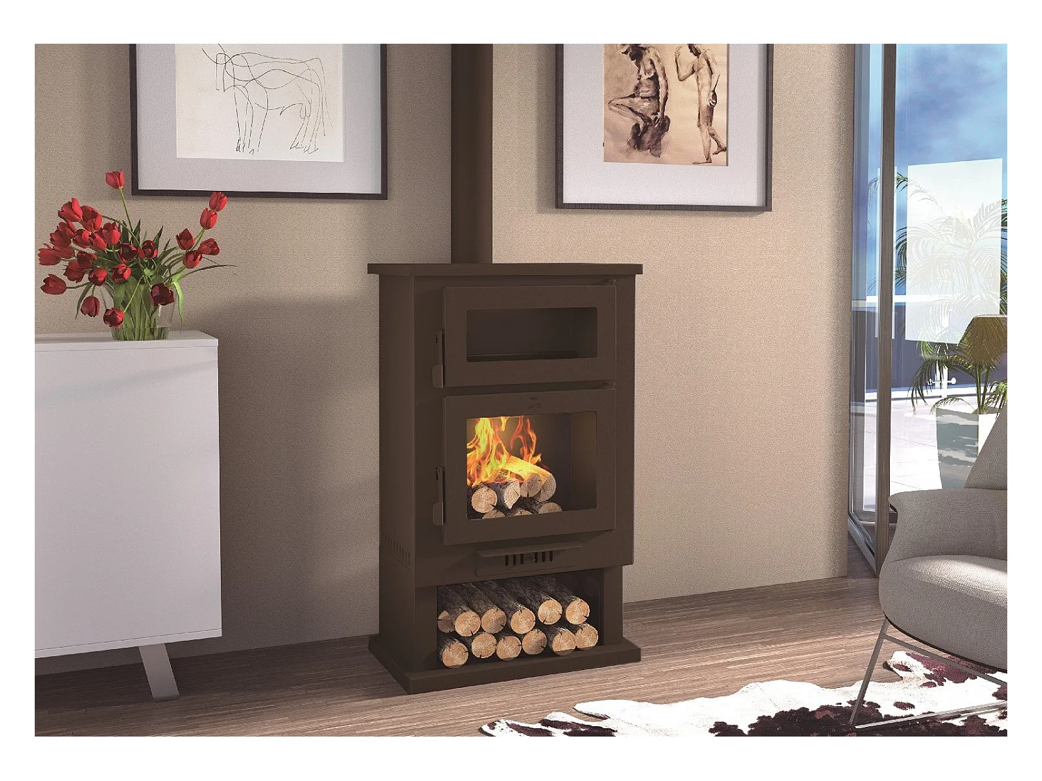 Poêle à bois en acier, four de face, bûcher inférieur - ForgeChaleur