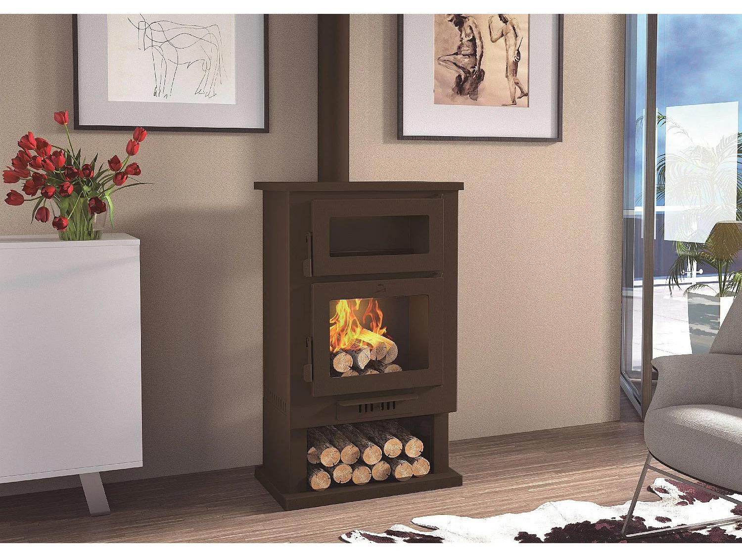 Poêle à bois en acier, four de face, bûcher inférieur - ForgeChaleur