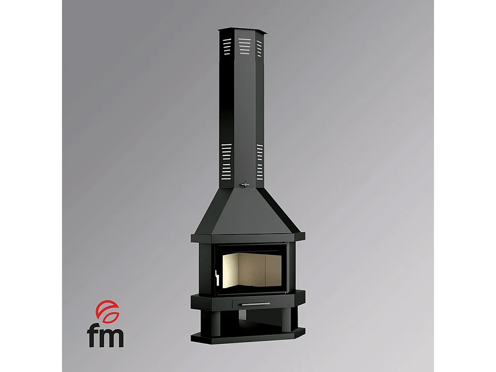 Cheminée à bois de coin en acier, bûcher inférieur - Hearthix - intérieur en vermiculite + verre sérigraphié