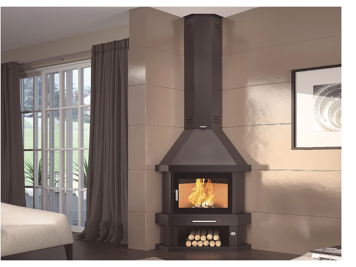 Cheminée à bois de coin en acier, bûcher inférieur - Hearthix - intérieur en vermiculite + verre sérigraphié