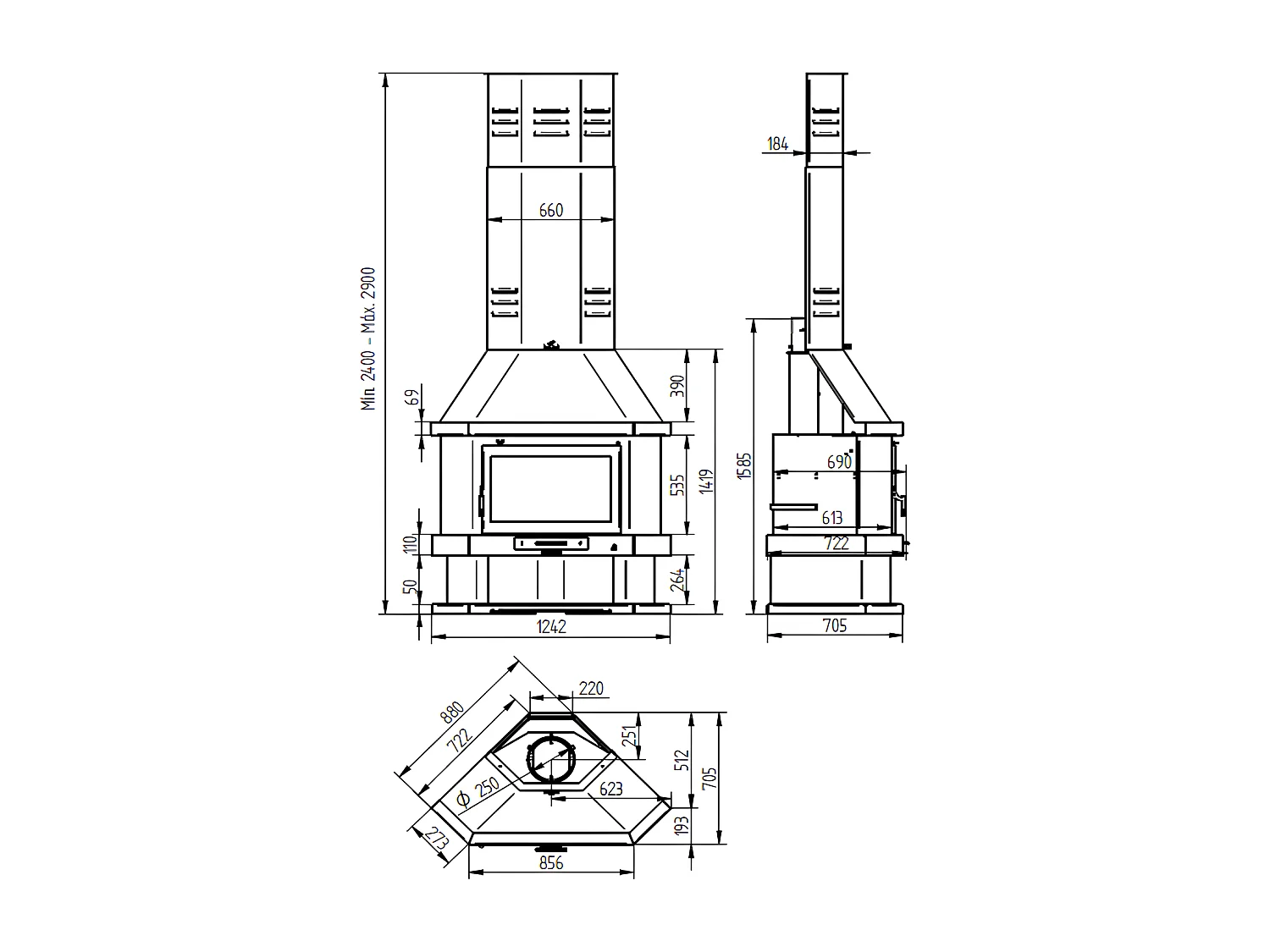 Cheminée à bois de coin en acier, bûcher inférieur - Hearthix - intérieur en vermiculite + verre sérigraphié