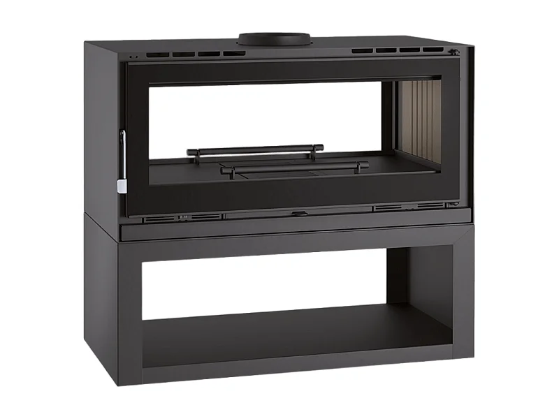 Poêle-cheminée double face en acier sur bûcher avec turbines, foyer en vermiculite, verre serigraphié - Fjord