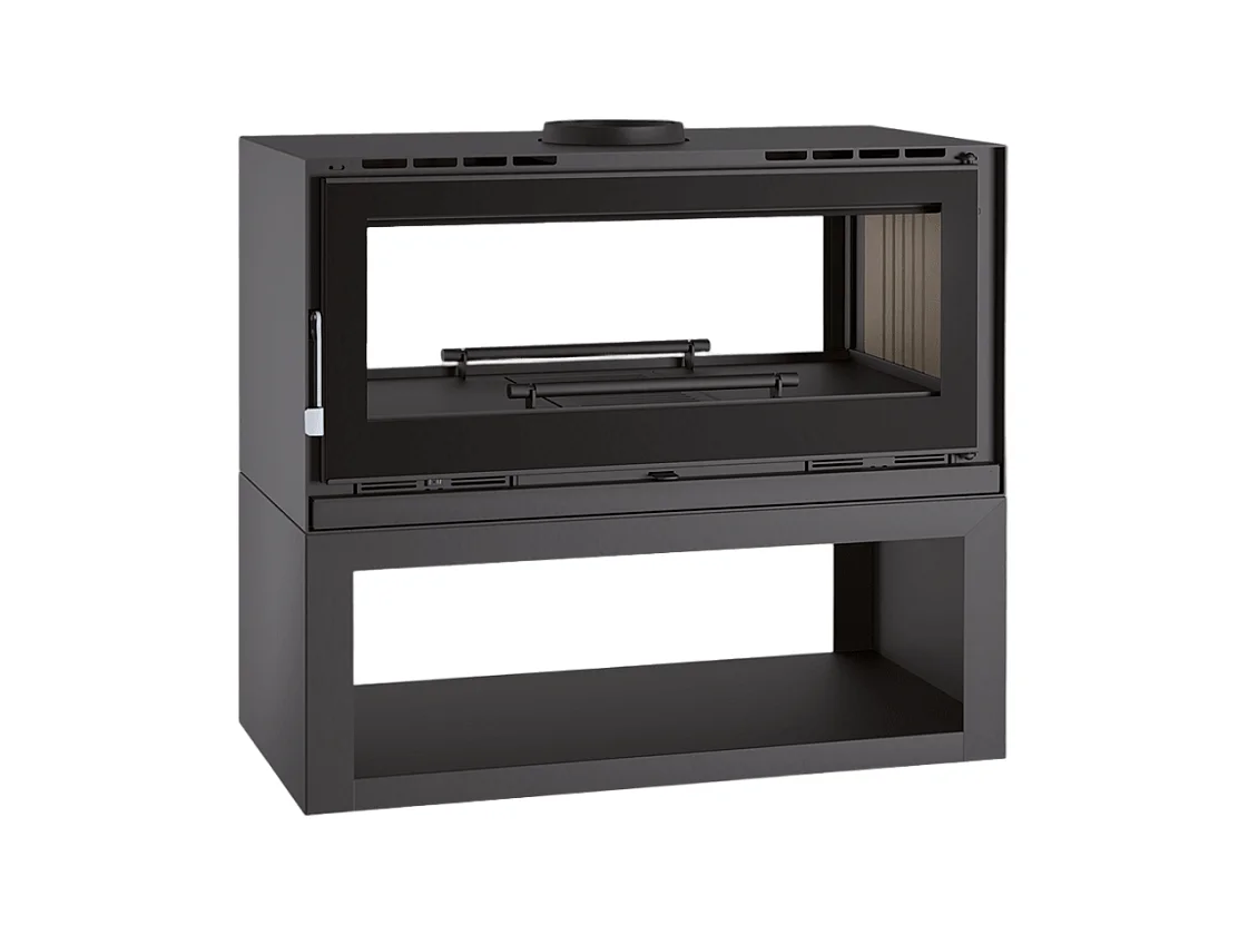 Poêle-cheminée double face en acier sur bûcher avec turbines, foyer en vermiculite, verre serigraphié - Fjord